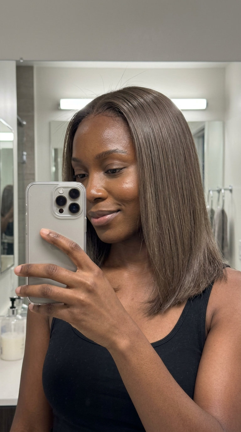 long ash mushroom brown hair with cool beige undertones, demi-permanent gloss, no fringe — sophisticated daily wear