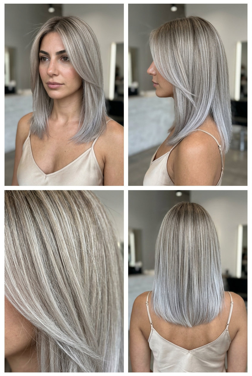 Ash Blonde Root Smudge 2026: Modern & Cool shoulder-length ash blonde root smudge with cool silver ends and blunt lob for summer