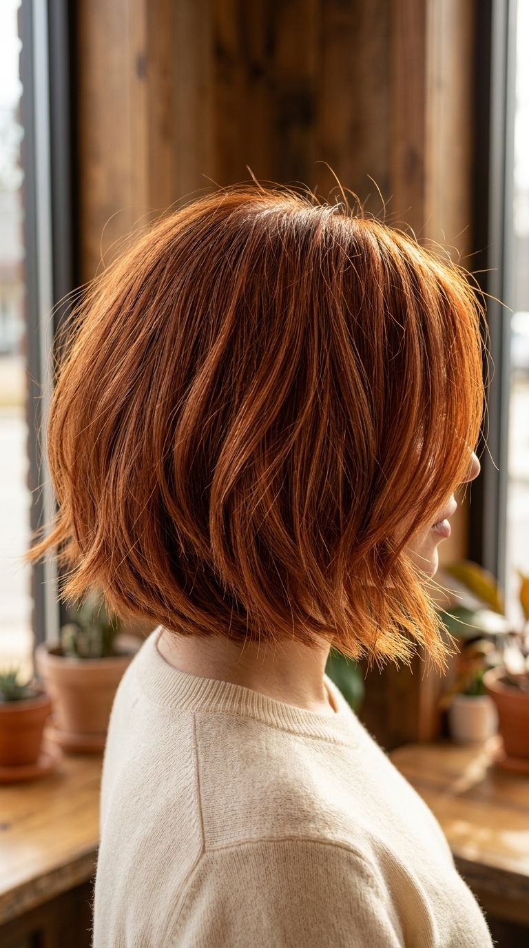 Rustic Auburn Italian Bob 2026 short italian bob haircut with auburn ginger, copper babylights, razored ends for rustic charm