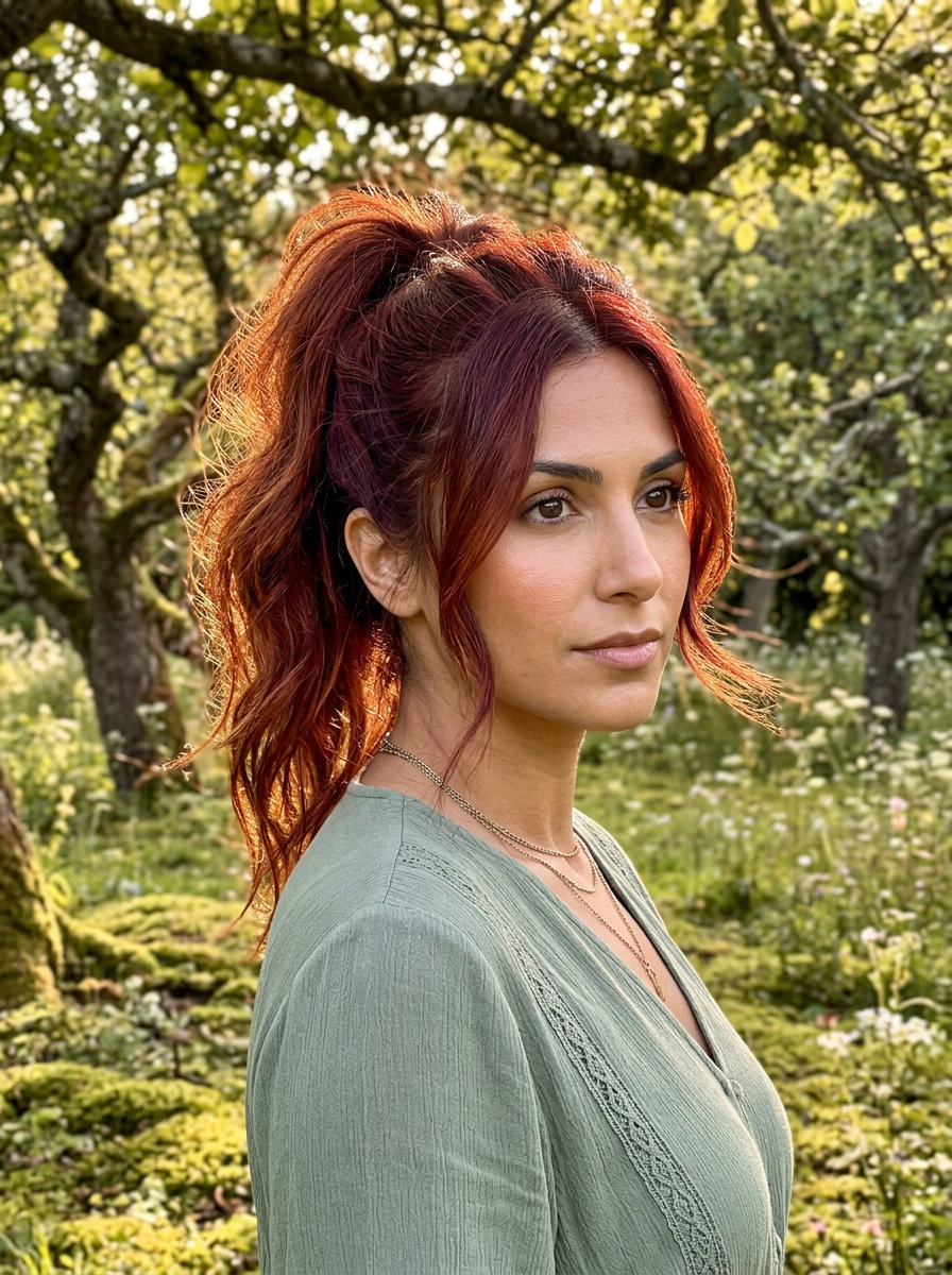 Boho Sunset Auburn Ponytail 2026 medium-long tousled ponytail with auburn red, coppery undertones, mahogany lowlights for festival