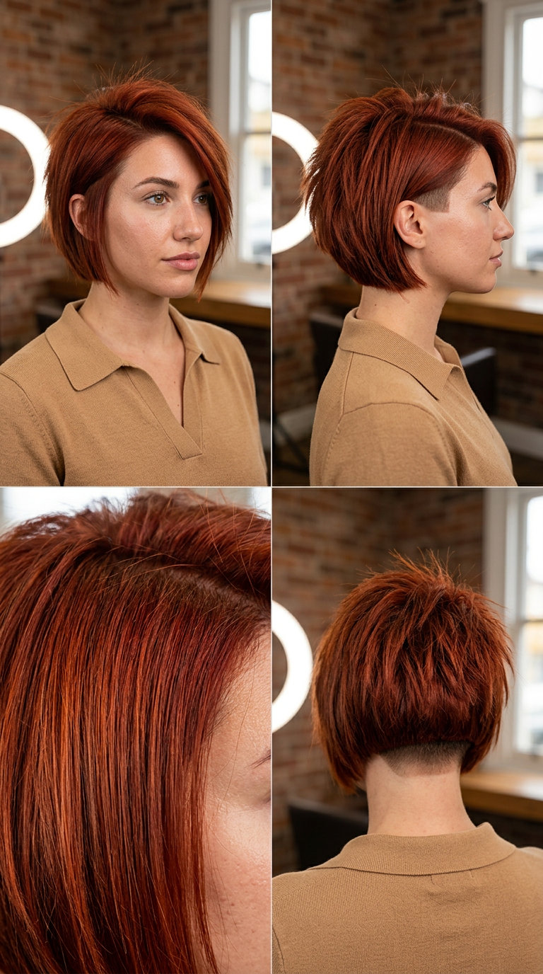 Fiery Auburn Spiky Italian Bob 2026 short italian bob haircut with vibrant auburn red, disconnected clipper fade, extreme texture — bold punk look