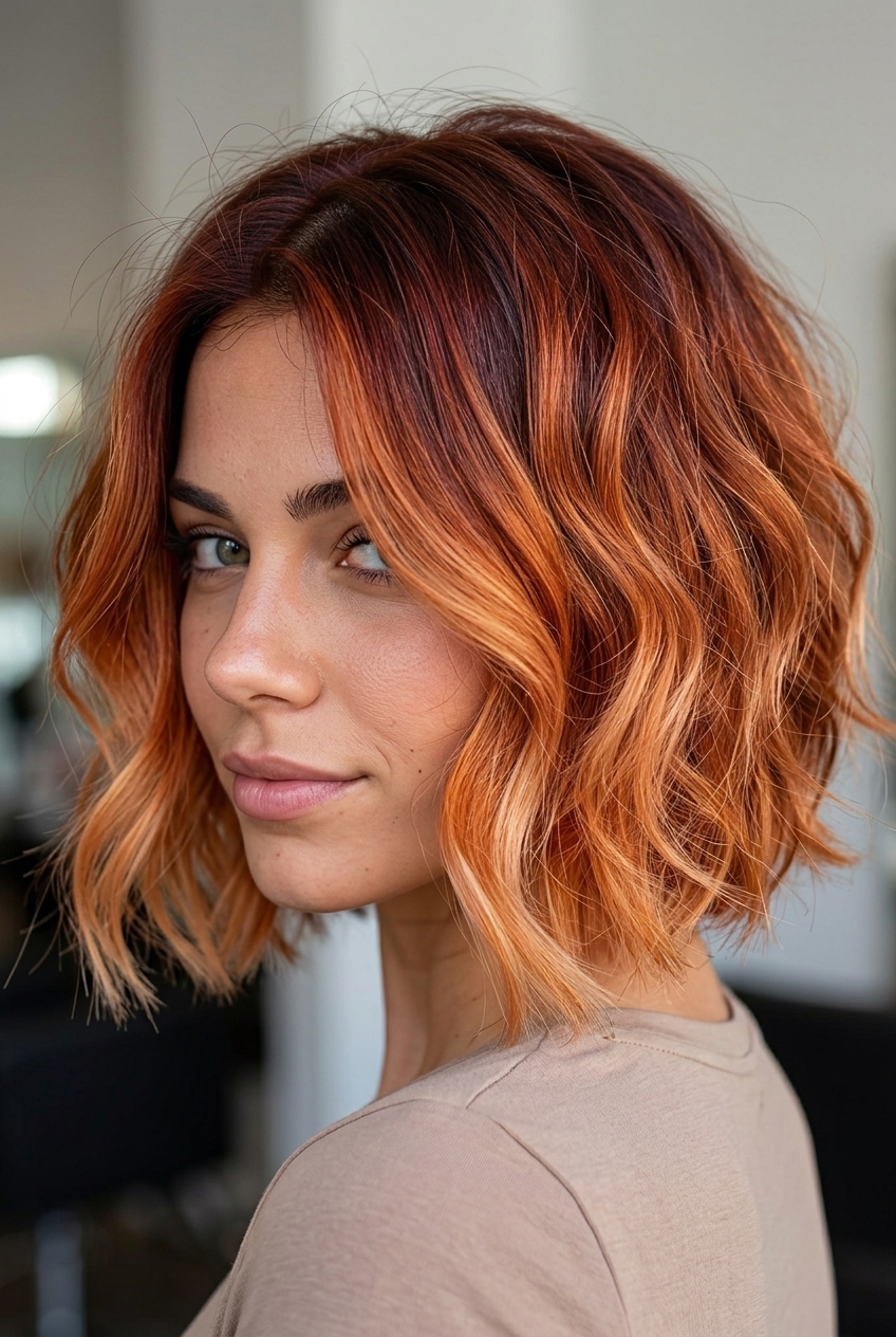 Vibrant Ombré Italian Bob 2026 short italian bob haircut with auburn to strawberry blonde ombré, razored ends for playful texture