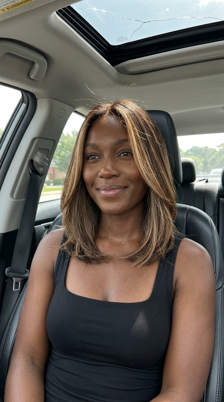 long neutral-warm brown hair color with warm beige-blonde balayage, hand-painted highlights, no fringe — soft weekend brunch