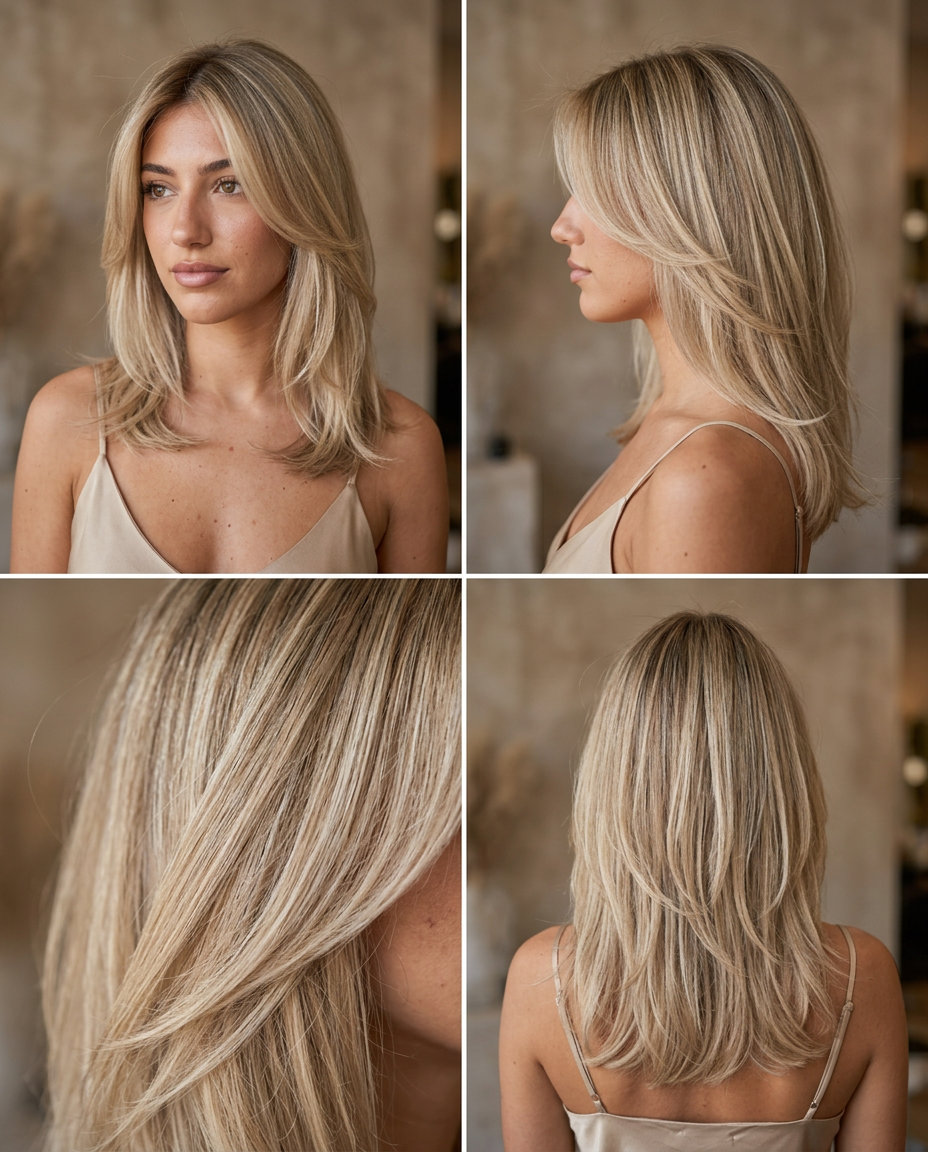 Natural Beige Blonde Babylights 2026 medium beige blonde hair color with babylights, sandy cream tones, effortless natural style
