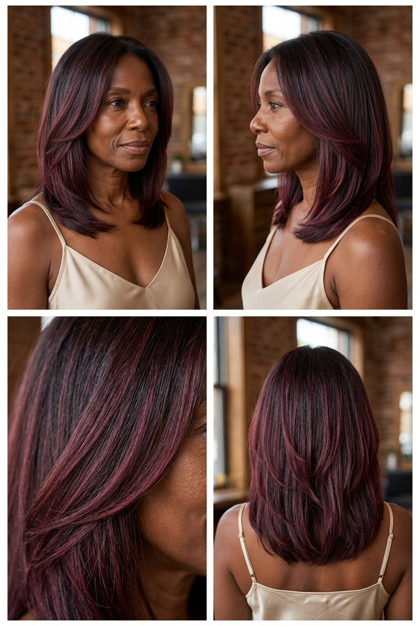 Berry Balayage Dimension Summer Hair 2026 long textured layered haircut with berry balayage, plum and raspberry tones — bold summer style