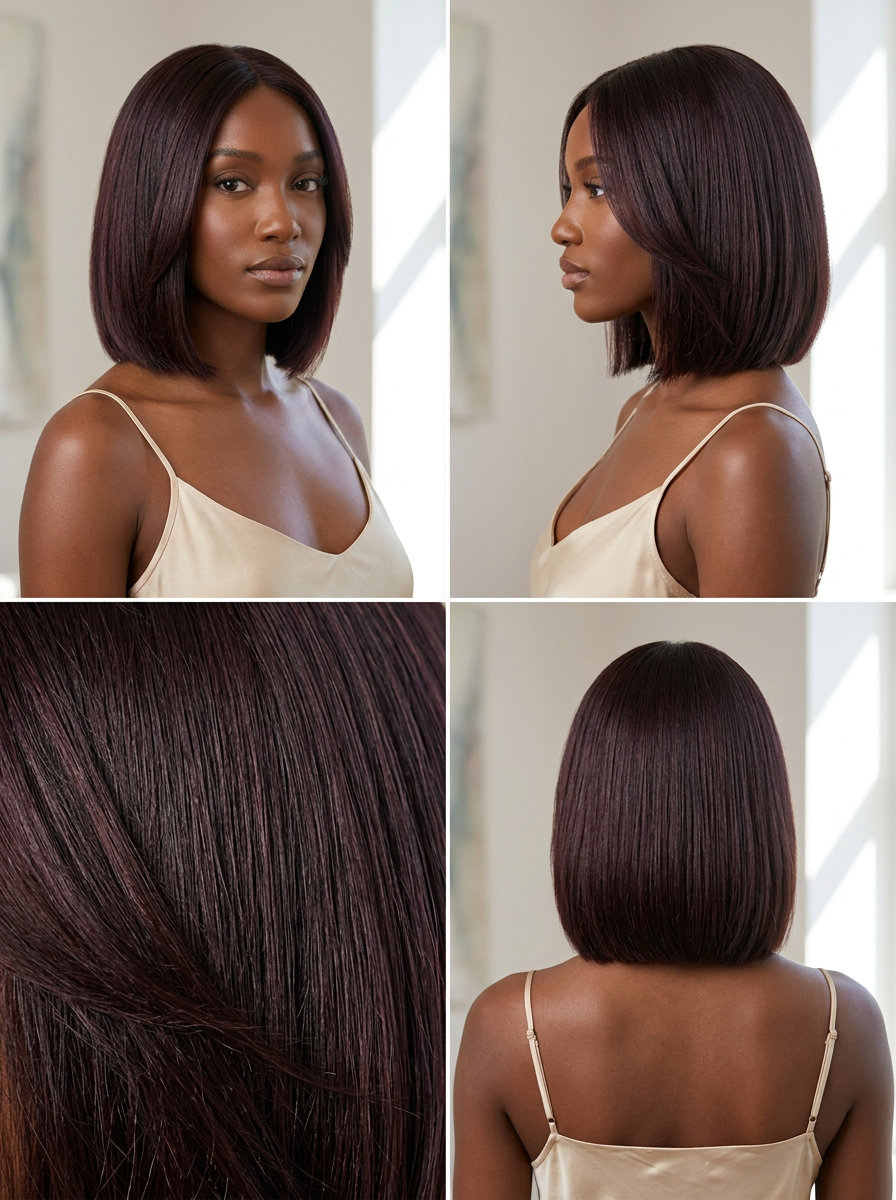 chin-length black cherry brown bob with violet-red undertones, blunt cut, natural hair for summer 2026