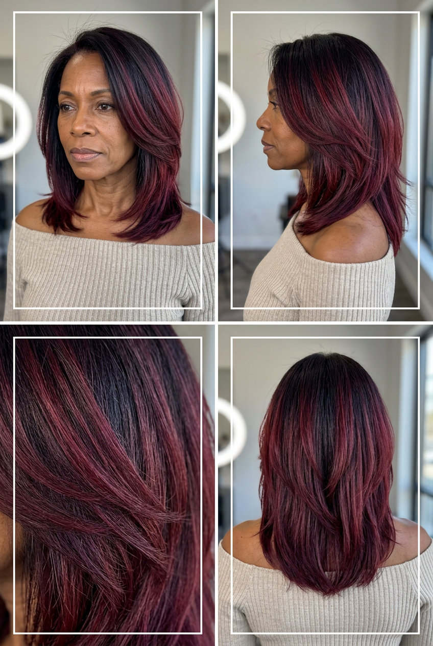 Black Cherry Color Melt 2026 long layered haircut with black cherry color melt and rich burgundy for edgy looks