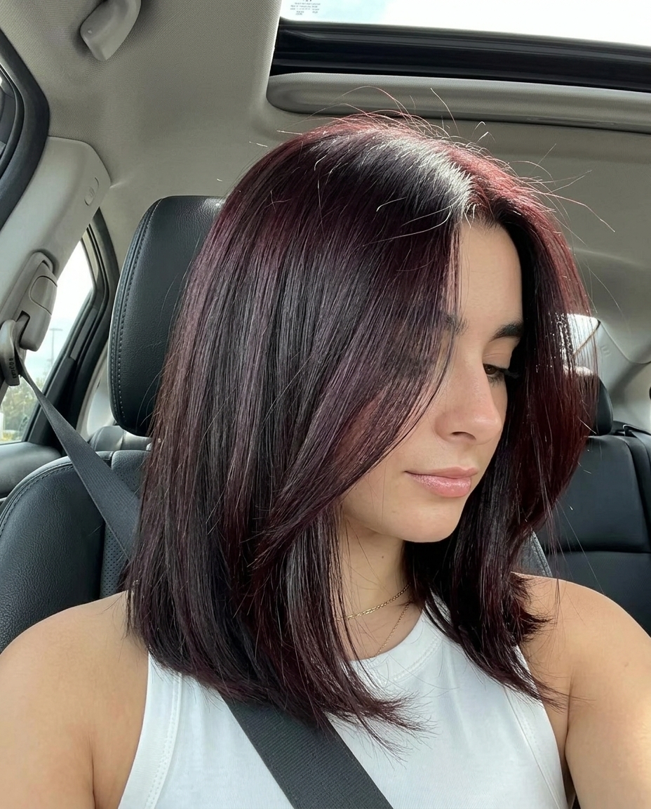 long black cherry all-over color with cool red-violet undertones and high-gloss finish for evening event