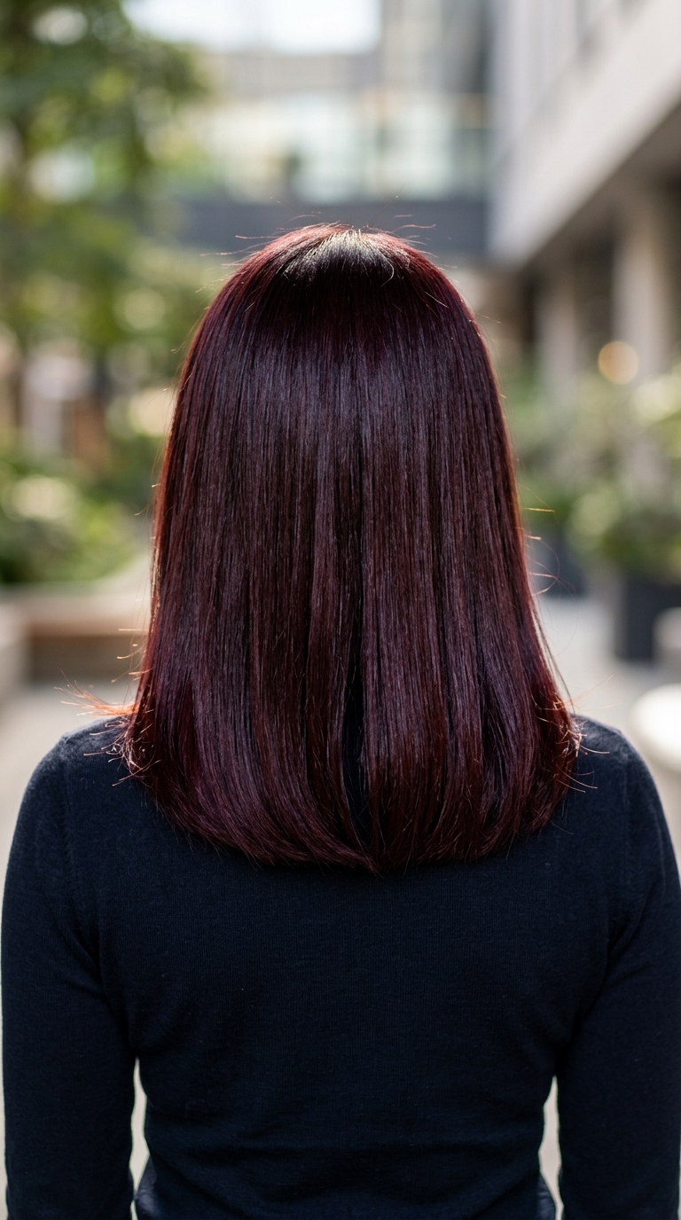 long blunt cut hair with deep black cherry glaze, burgundy and plum undertones for summer 2026