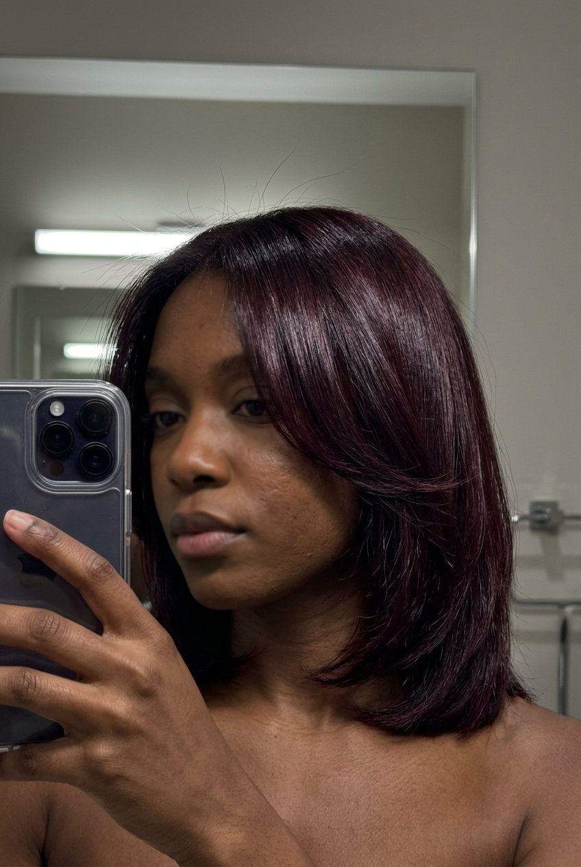 long bob haircut with deep black cherry hair color, permanent gloss, no fringe — sultry night out