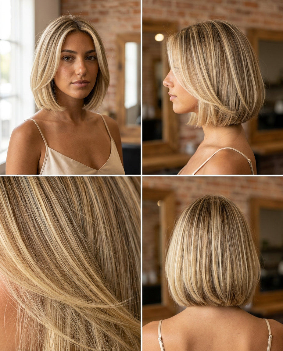 chin-length blonde bob haircut with buttercream balayage, warm vanilla gloss, face-framing pieces — luminous