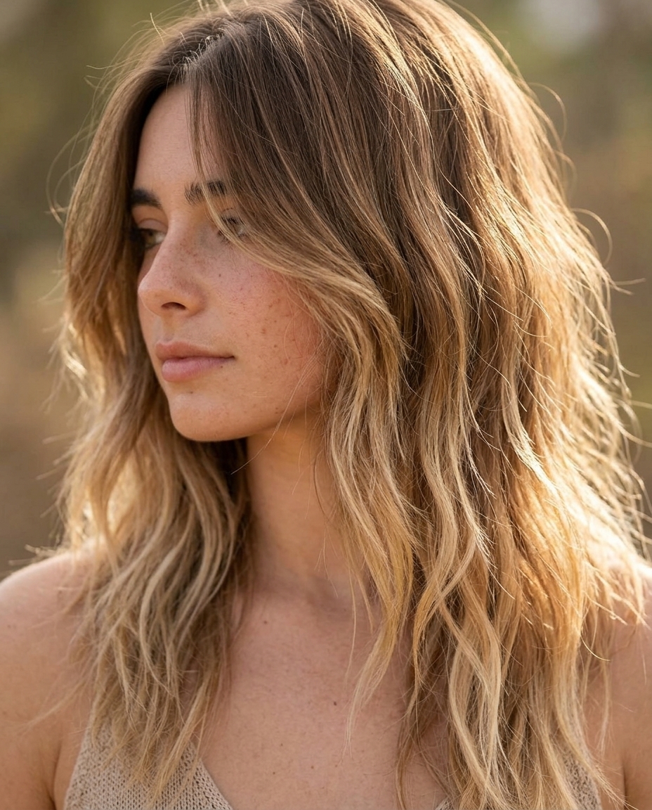 Bohemian Wavy Summer Shag 2026 long wavy shag haircut with ombré blonde color and curtain bangs for bohemian style