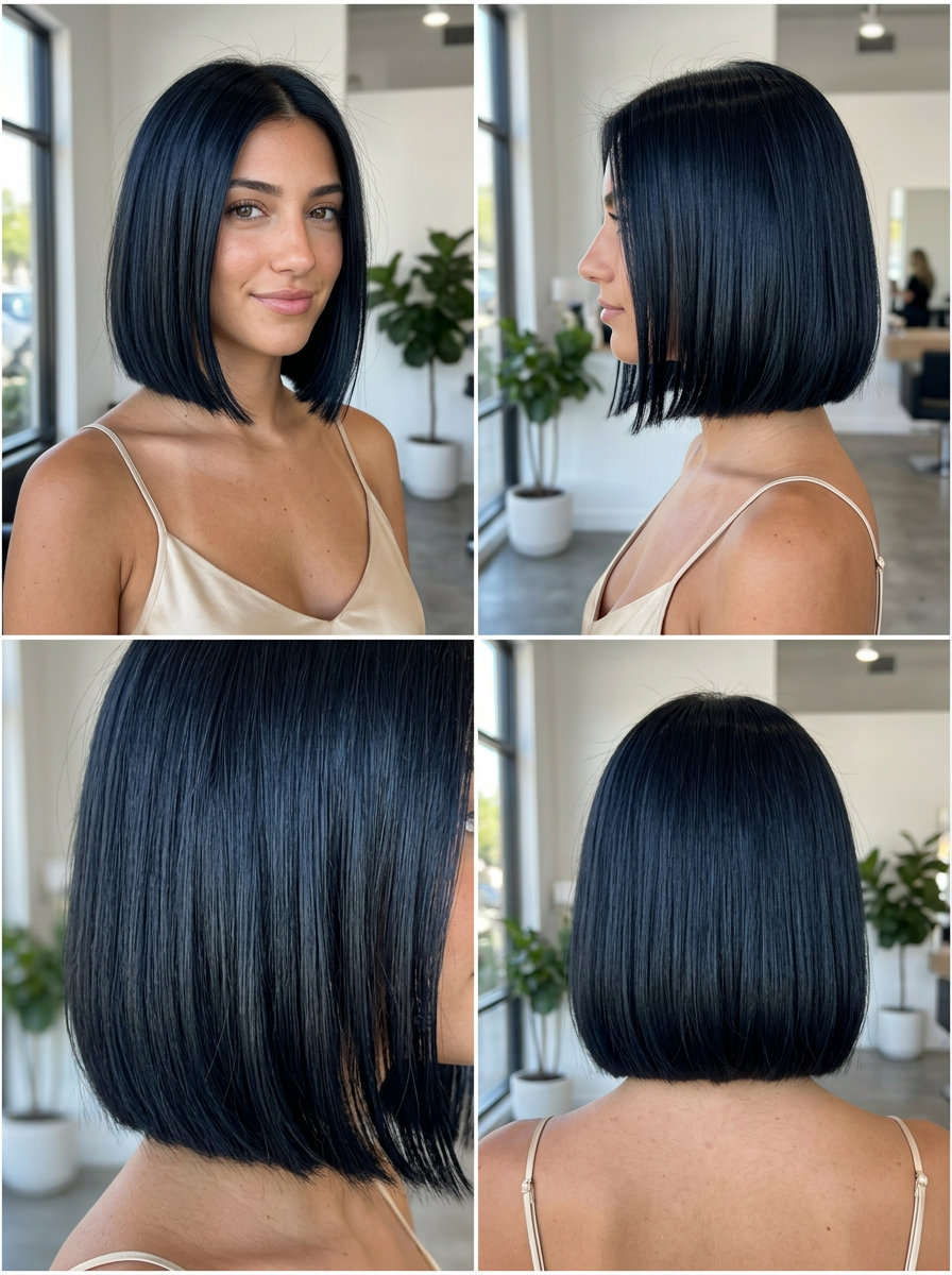 chin-length blue-black bob with razor-sharp perimeter and high-gloss for evening