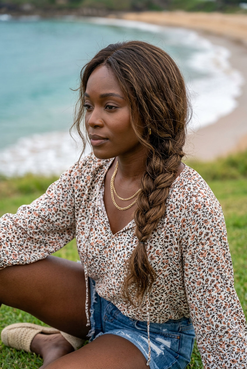 Boho Bronde Side Braid 2026 long bronde side braid with sun-kissed highlights, loose three-strand braid, face-framing pieces — bohemian