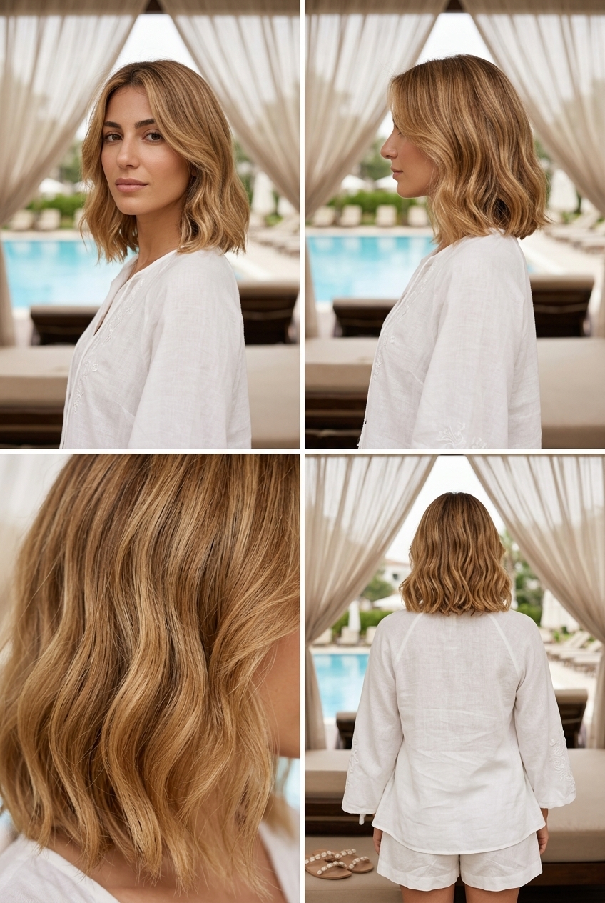 Wavy Hydro-Bob Bronde 2026 short natural brunette bob with warm honey blonde, lived-in bronde, scrunching waves, no fringe — effortless
