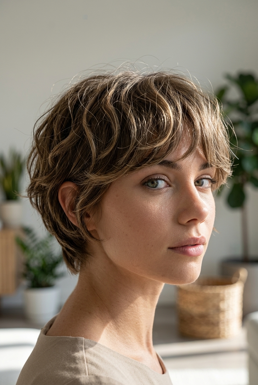 Chic Wavy Summer Shag 2026 short wavy shag haircut with mushroom bronde color and choppy bangs for chic look