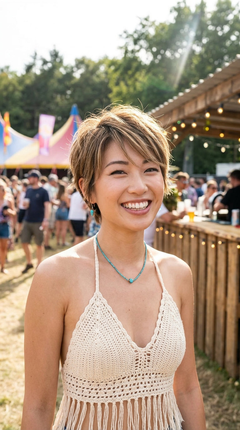 Playful Bronde Pixie-Wolf 2026 very short bronde pixie-wolf haircut with choppy layers and face-framing pieces for summer 2026