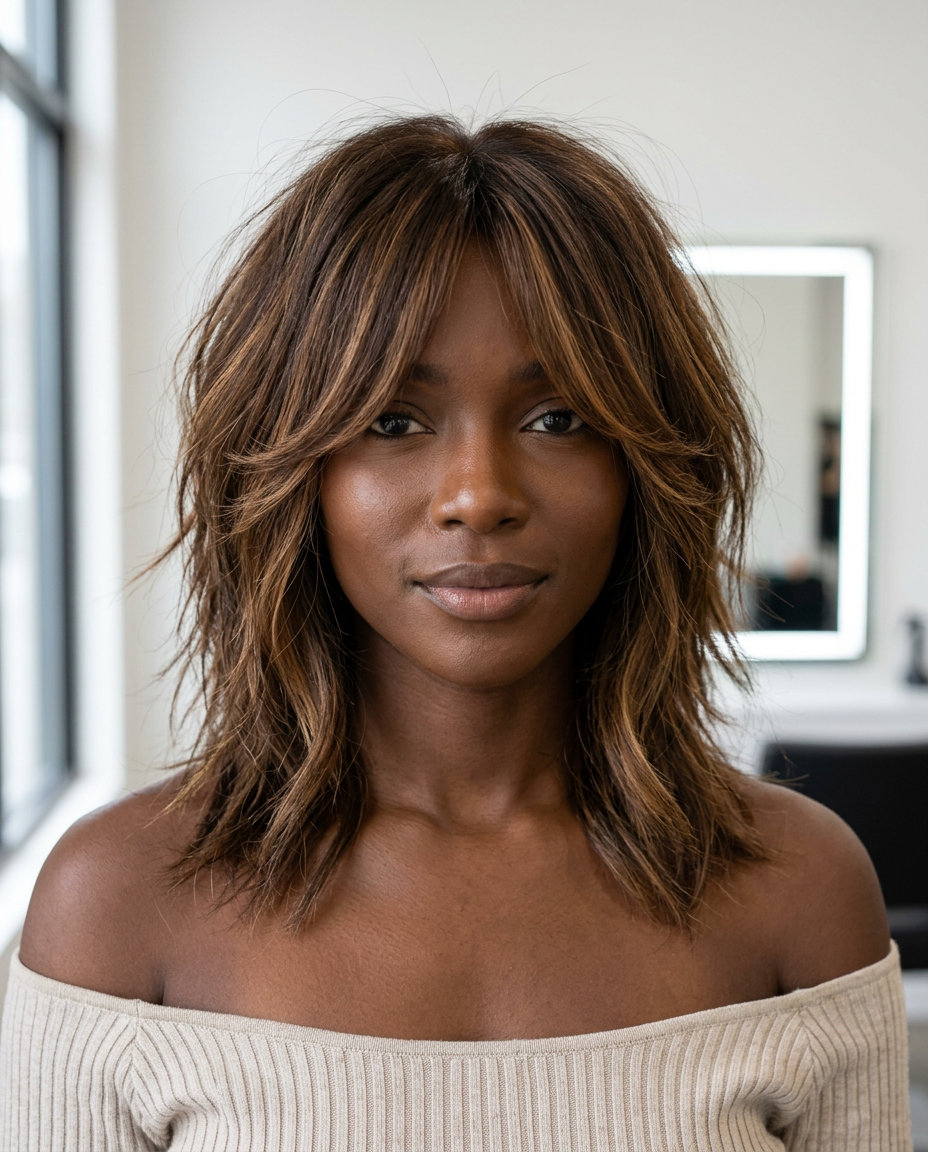mid-length shag with natural medium brown, caramel highlights, curtain bangs — romantic bohemian