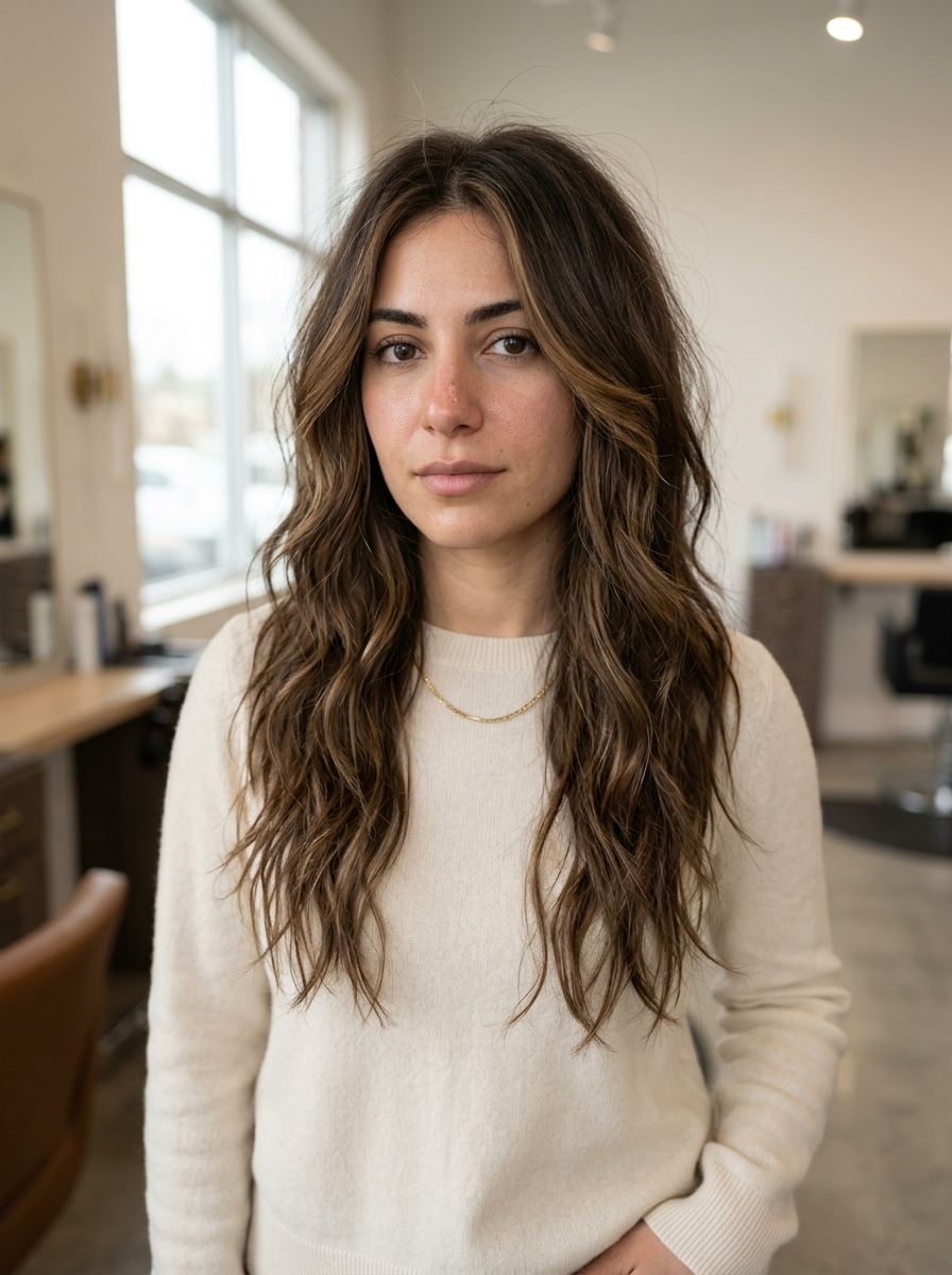 Bohemian Wavy Summer Shag 2026 long wavy shag haircut with subtle caramel balayage and soft layers for effortless style