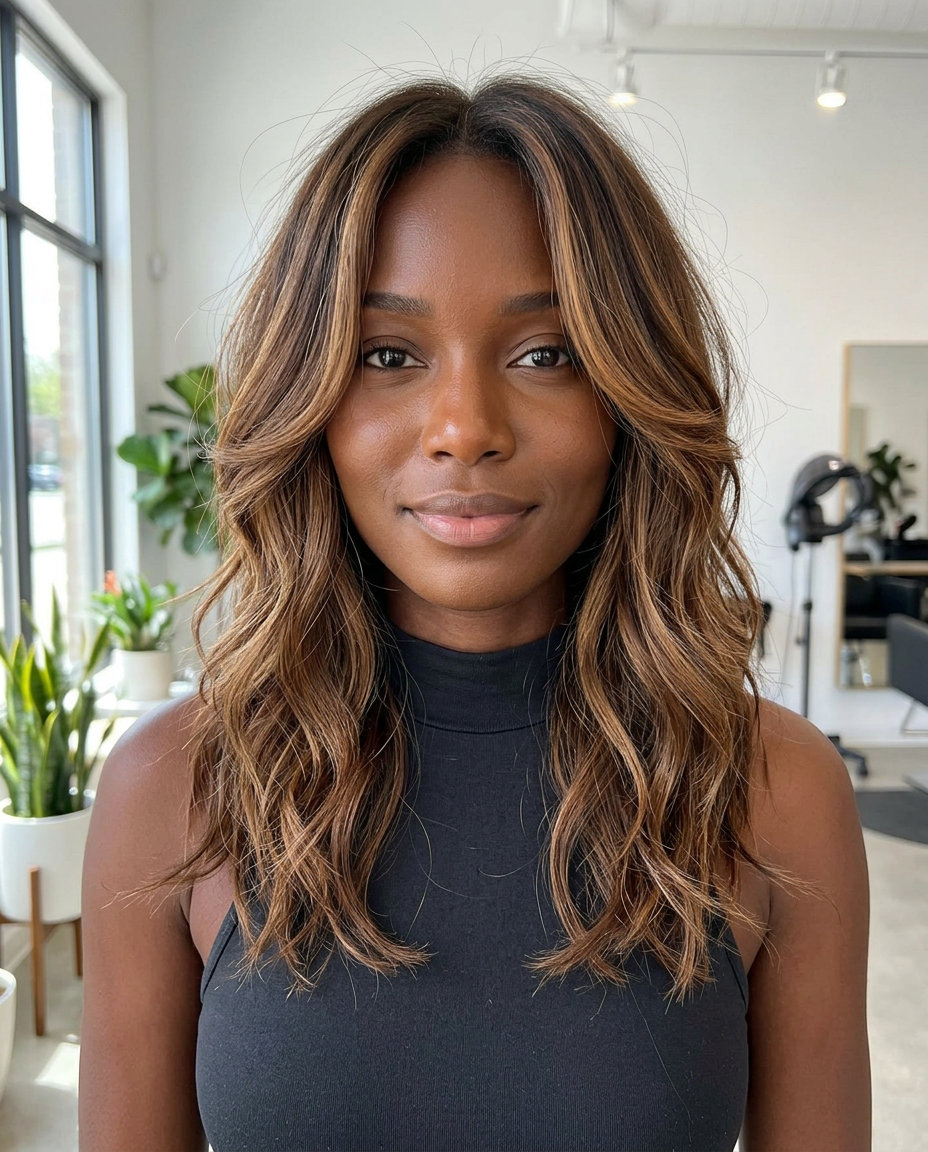 medium length dimensional brunette shag with caramel balayage and curtain bangs for summer 2026
