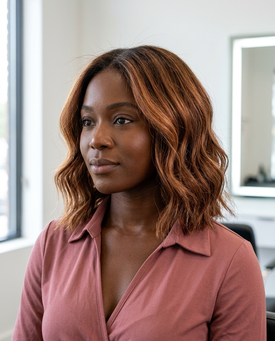 Burnt Honey Strawberry Bronde 2026 long layered shag burnt honey strawberry bronde with copper-gold ribbons, teasylights, no fringe — bohemian festival