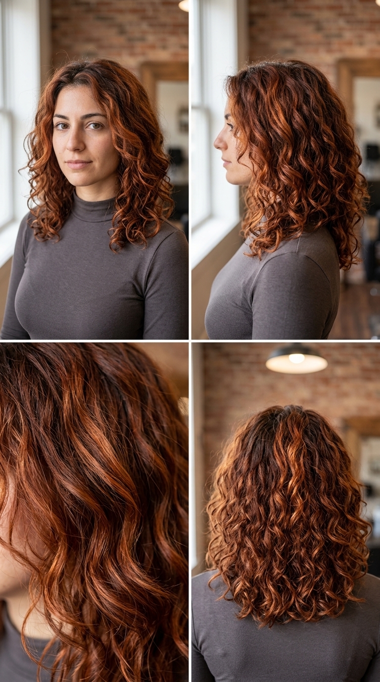 long reddish-brown hair color with burnt orange foilayage, lifted copper-gold highlights, no fringe — bold music festival
