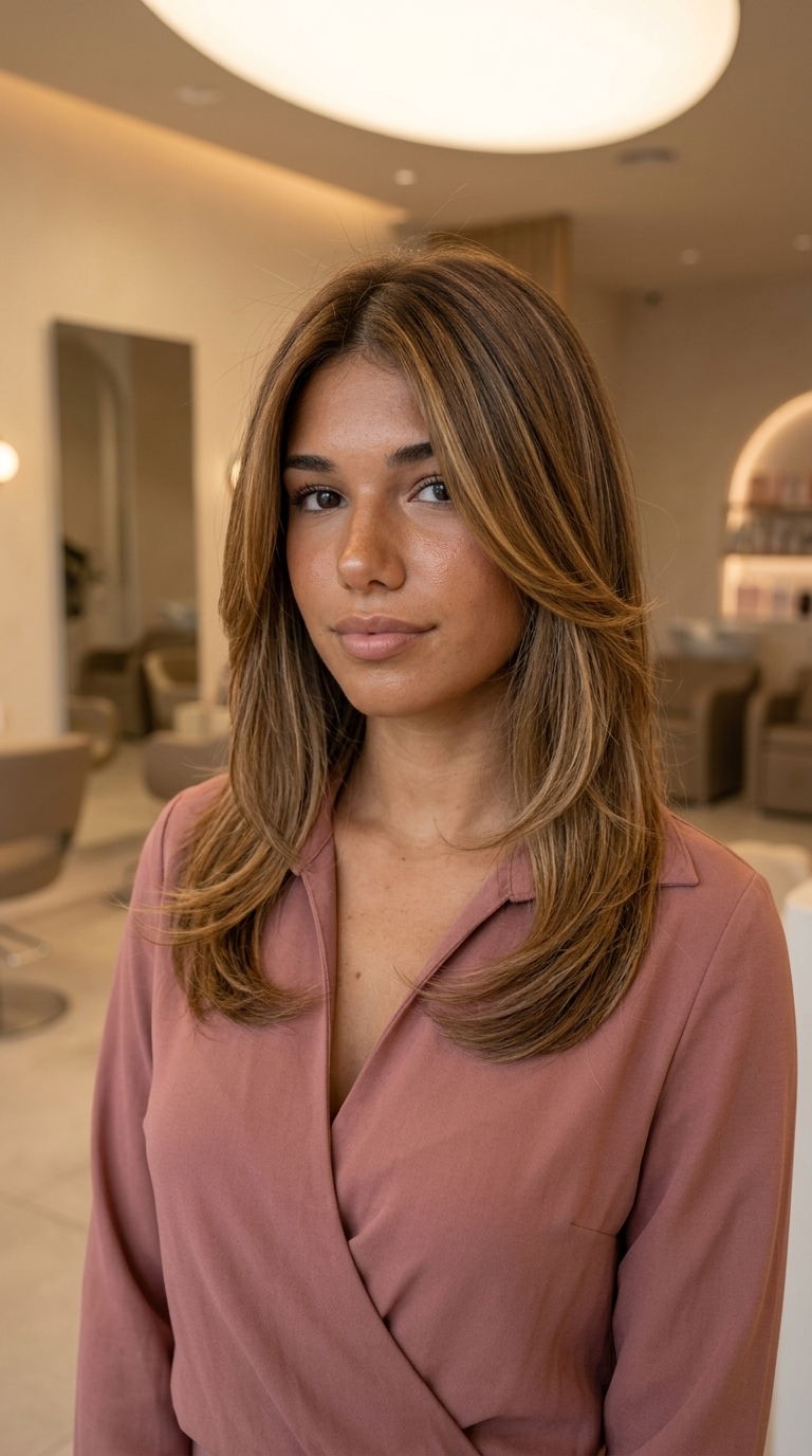 creamy brown balayage with golden-yellow highlights, teasylights, no fringe — sun-kissed summer look