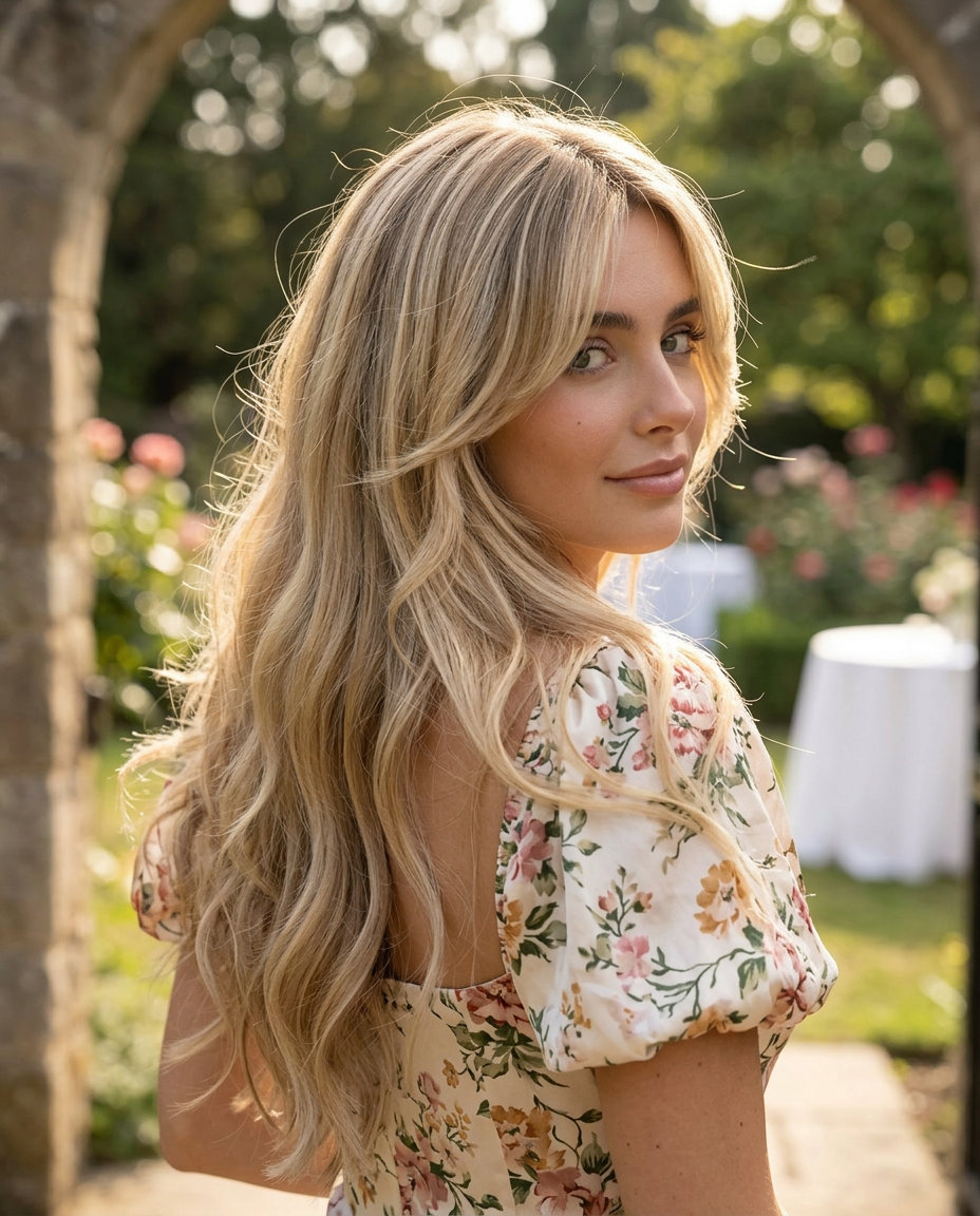 Sun-Kissed Balayage Layers for Thin Hair 2026 long haircut with buttercream balayage and curtain bangs for thin fine hair