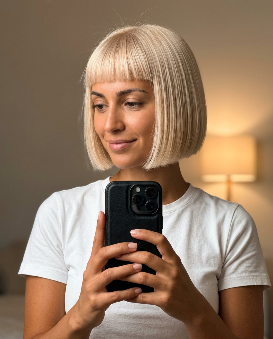 chin-length bob with buttercream blonde hair, razor-sharp perimeter, and micro fringe for art gallery openings