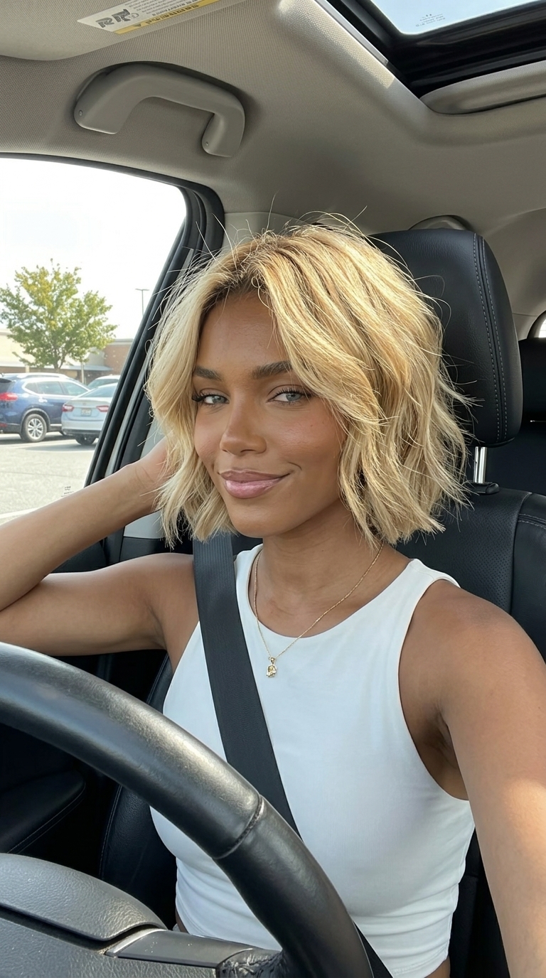 Buttercream Blonde Wavy Shag with Honey Lowlights 2026 chin-length wavy shag haircut with buttercream blonde, honey lowlights, razored layers — modern casual