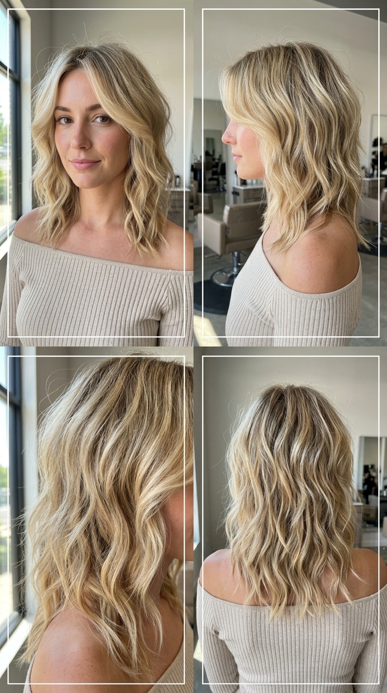 Golden Monarch Shag 2026: Voluminous Blonde collarbone-length wavy shag haircut with buttercream blonde & honey lowlights, feathered curtain bangs — voluminous & bold