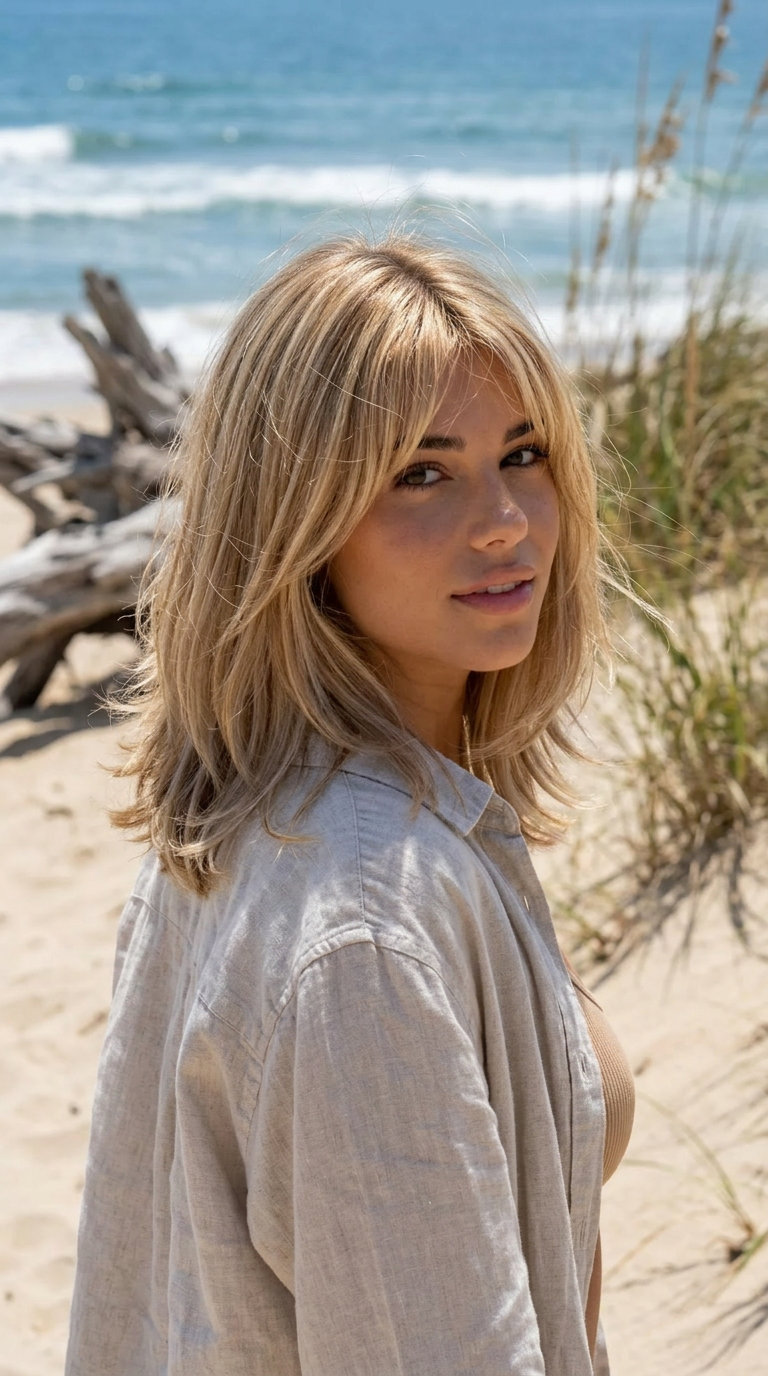 Buttercream Blonde Lob with Wispy Bangs 2026 shoulder-length lob with warm buttercream blonde, wispy bangs, and golden babylights for summer 2026