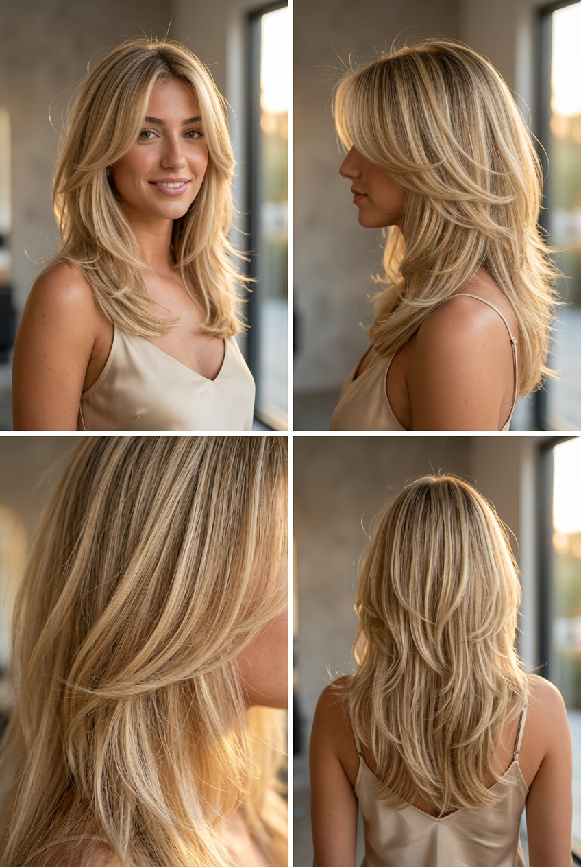 long butterfly haircut with warm buttercream blonde and honey babylights, face-framing layers, curtain fringe — playful and voluminous