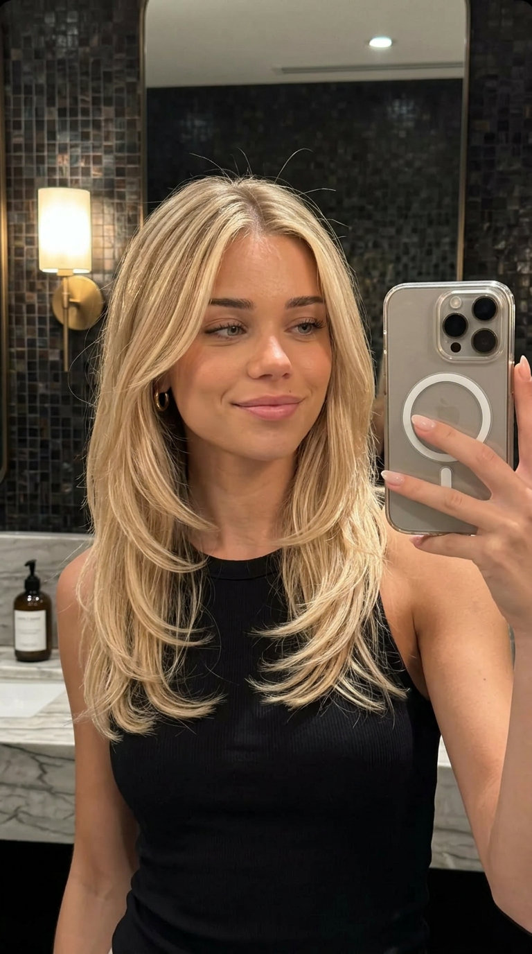 long buttercream blonde hair with honey lowlights and face-framing layers for summer
