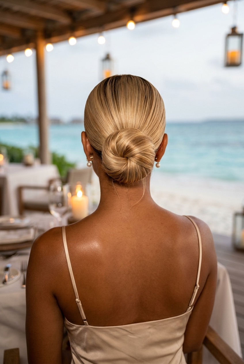 Buttercream Blonde Sleek Low Bun 2026 low slicked back bun with buttercream blonde, sleek finish, for date night
