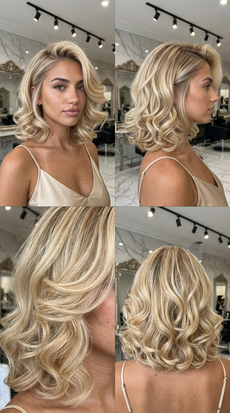 medium bob haircut with buttercream blonde color and root smudge for summer