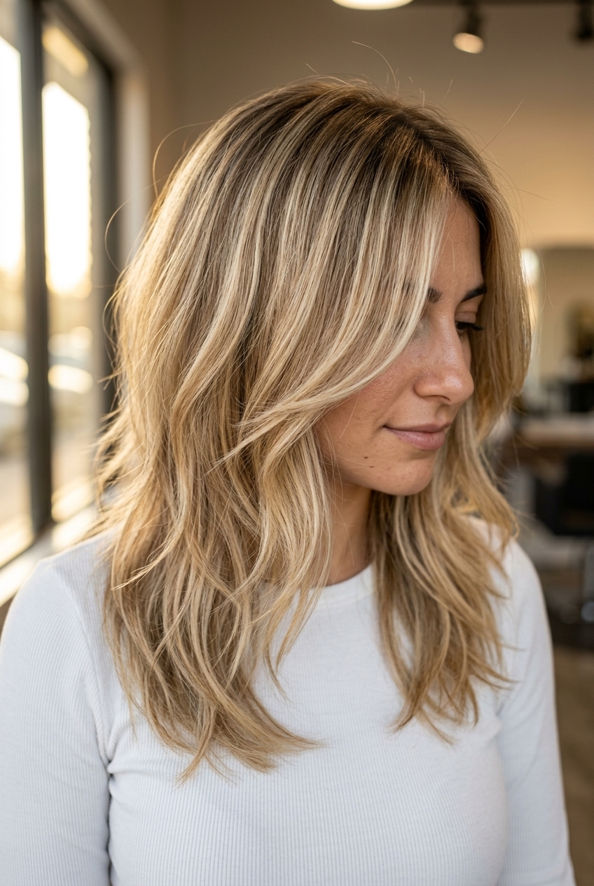 Medium Buttercream Wavy Shag 2026 medium wavy shag haircut with buttercream blonde balayage, honey lowlights, face-framing layers — relaxed weekend