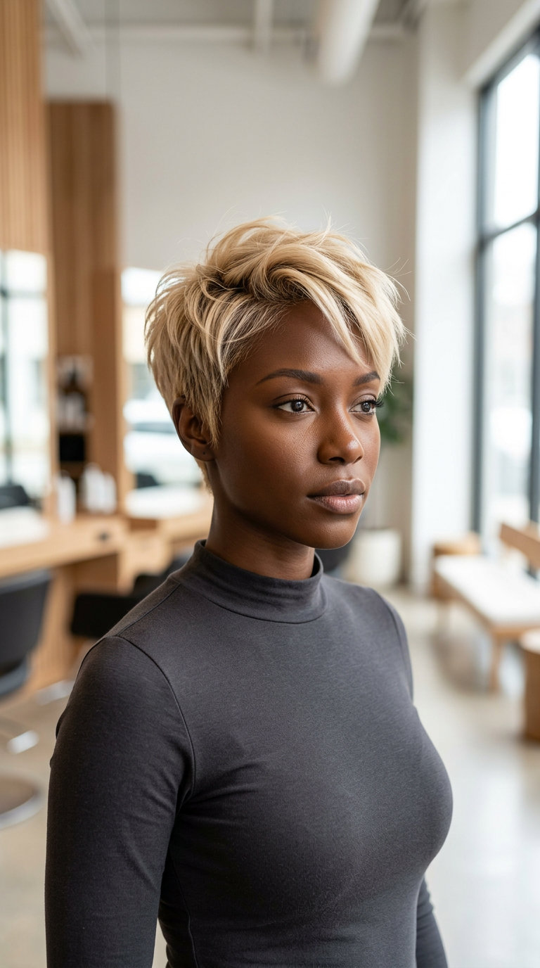 short buttercream blonde pixie haircut with razored layers and sun-etched highlights