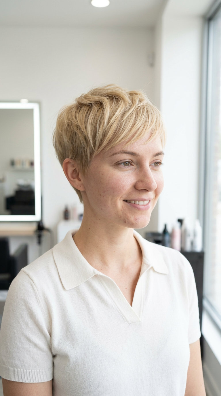 Buttercream Pixie: Chic Summer Haircut 2026 Buttercream blonde short pixie with tapered sides and feathered fringe