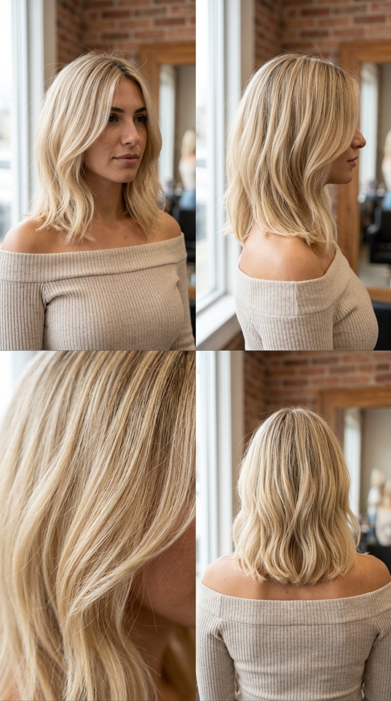 shoulder-length blonde lob with honey babylights and face-framing layers for summer