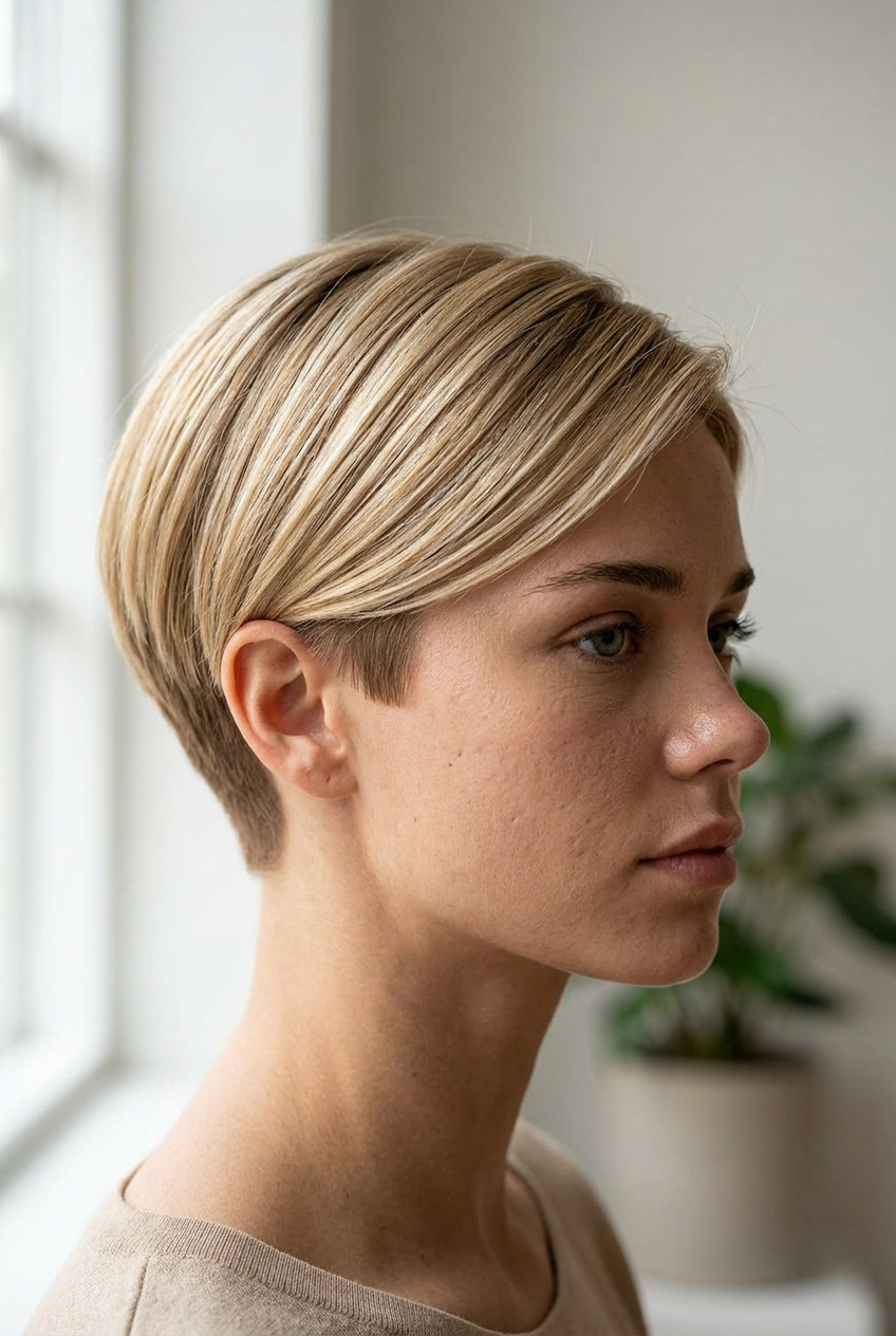 Sleek Buttercream Pixie Haircut 2026: Polished Style very short pixie haircut in warm buttercream blonde with vanilla root, blunt cut — refined sophisticated