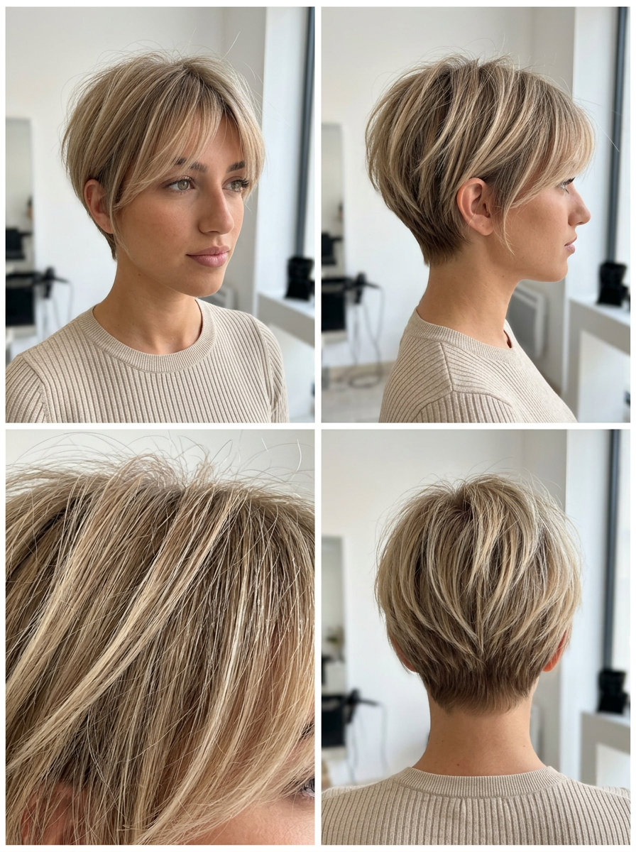 Airy Blonde Pixie Crop 2026 very short buttercream blonde pixie crop with choppy texture and side-swept bangs for summer 2026