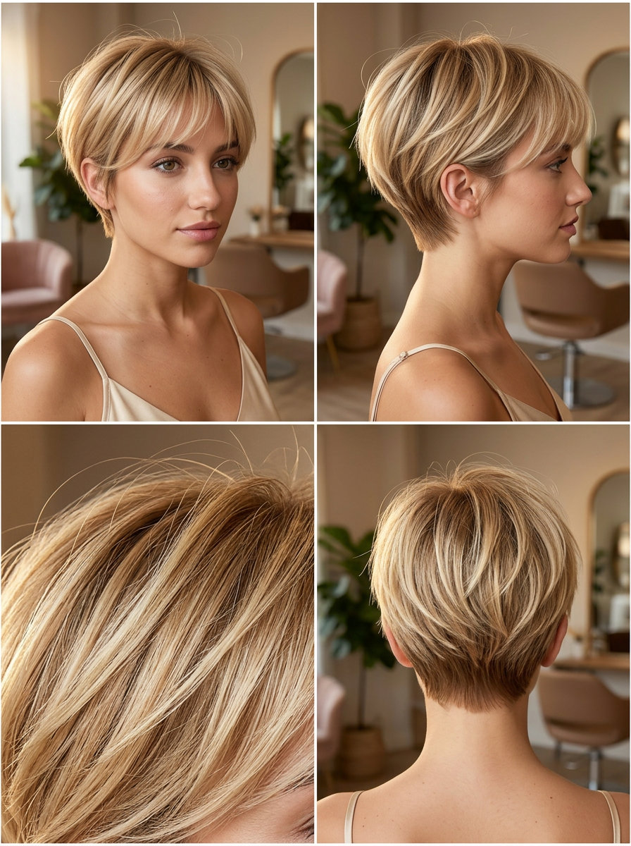 Buttercream Blonde Pixie Haircut 2026: Soft & Romantic very short pixie haircut in warm buttercream blonde with golden babylights, feathered fringe — soft romantic