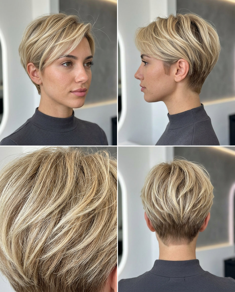 Buttercream Pixie: Sun-Kissed Blonde Hair 2026 very short pixie haircut in warm buttercream blonde with golden babylights, soft taper, wispy fringe — effortless
