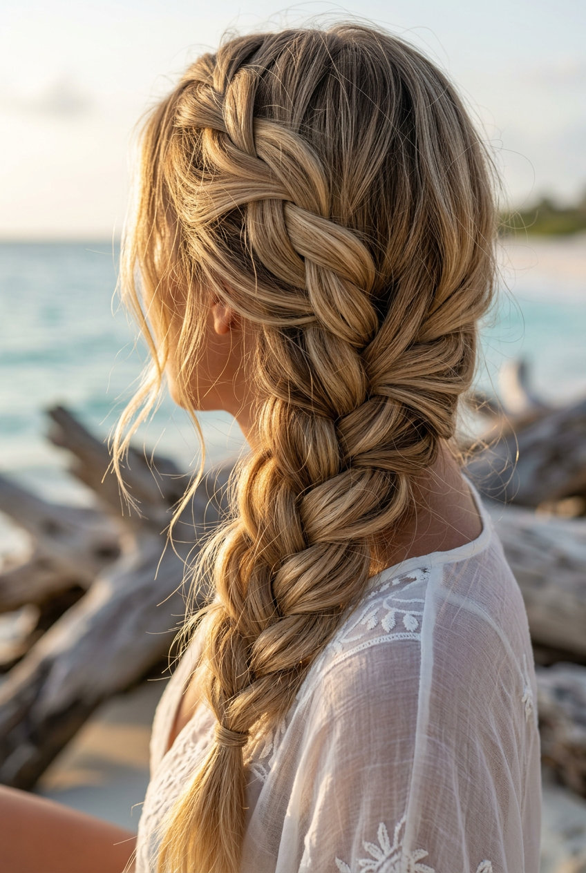 Boho Side Braid: Summer Easy Hairstyle 2026 long buttercream blonde side braid with sun-kissed babylights and loose texture for summer easy hairstyle 2026