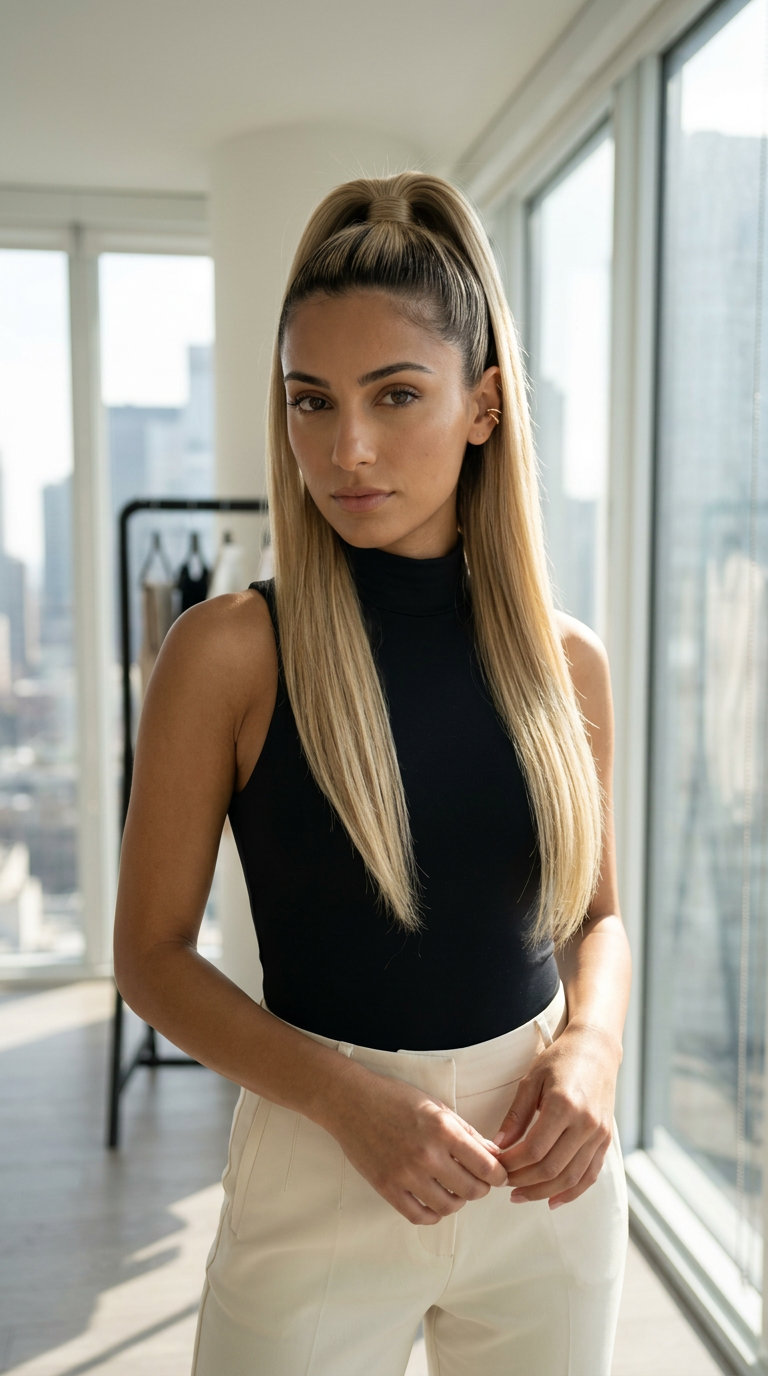 Sleek Buttercream Blonde Palm Pony 2026 long sleek ponytail with buttercream blonde, honey babylights, dark vanilla root for professional