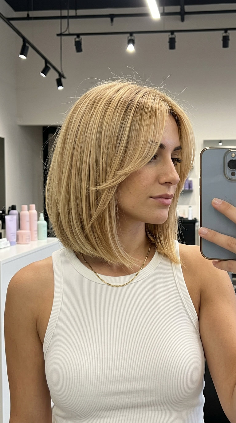 shoulder-length lob with warm buttercream blonde, honey lowlights, bottleneck bangs — romantic boho chic