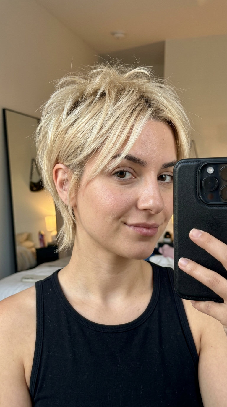 very short buttercream blonde pixie haircut with choppy layers and wispy nape, undercut sides — edgy weekend style