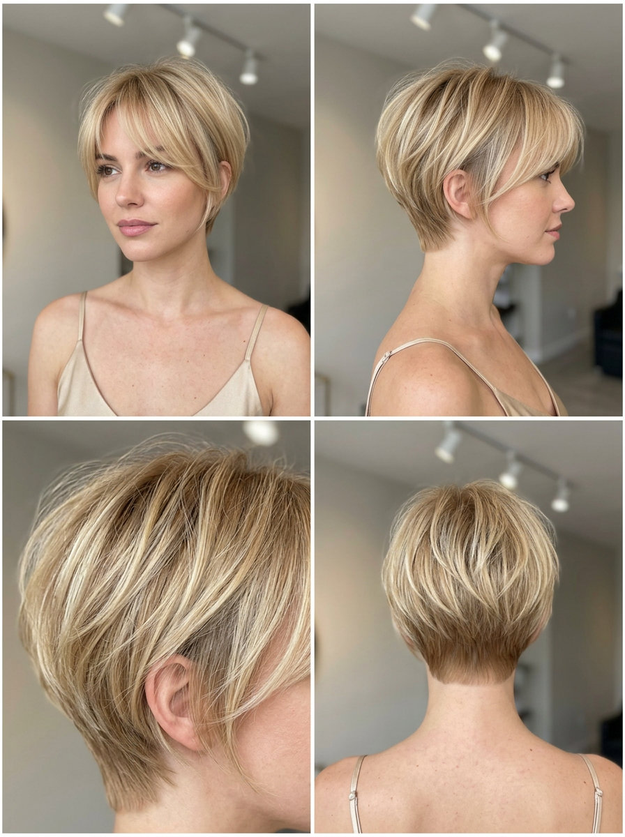 Buttercream Breeze Pixie: Soft Blonde Hair 2026 very short pixie haircut in warm buttercream blonde with golden babylights, soft taper, wispy fringe — soft