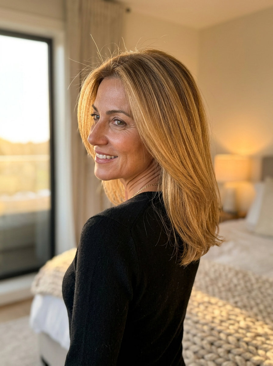Butterscotch Balayage Midi Cut 2026 collarbone-length midi haircut with sun-kissed butterscotch balayage on light brown base